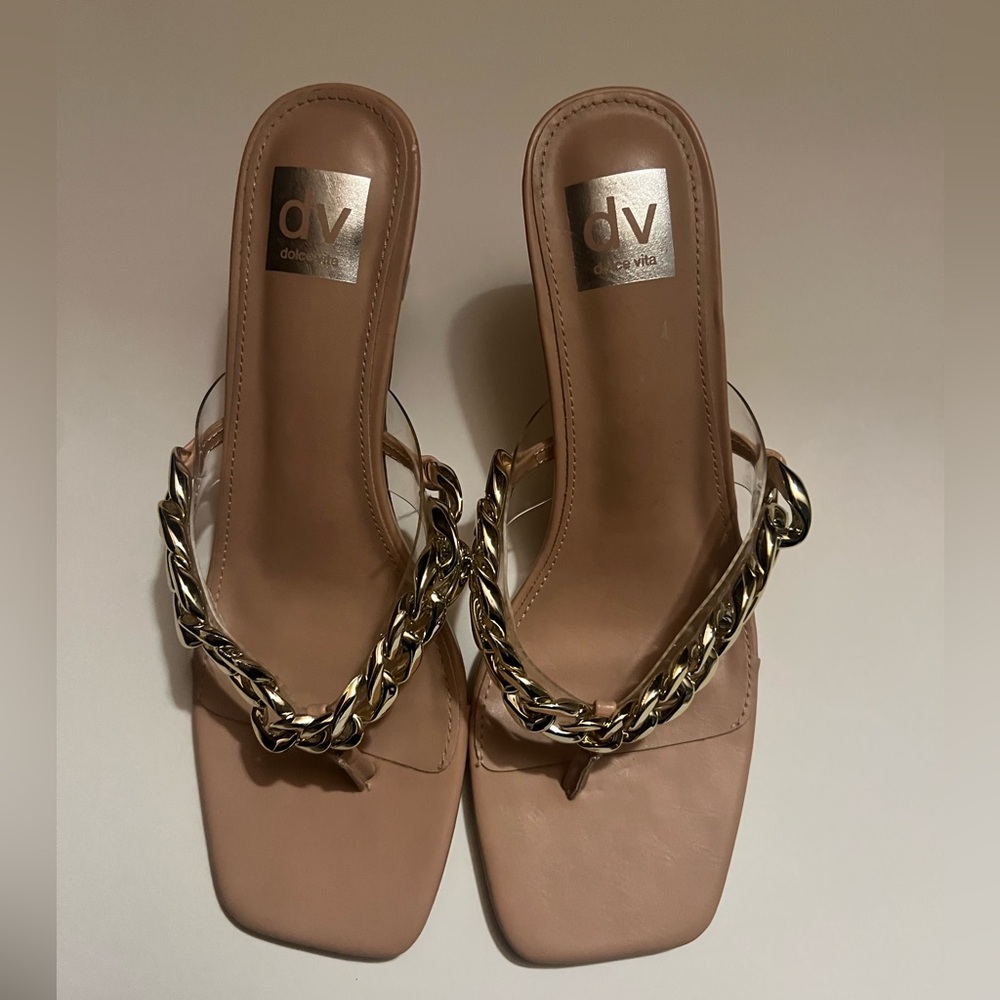 Dolce Vita Size 9.5 Tan with Gold Chain Player Slide Heeled Sandals